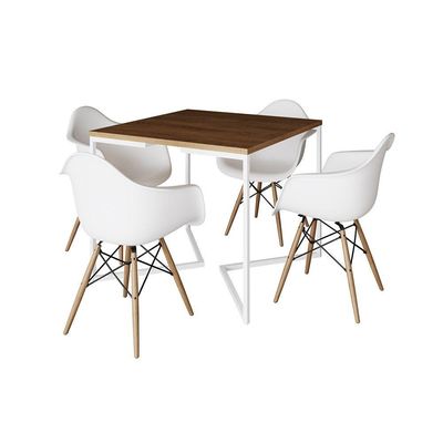 Mesa Jantar Industrial Quadrada 90Cm Amêndoa Base V Ferro Branco C/4 Poltronas Branca Cor: Amendoa