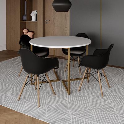 Mesa Jantar Industrial Redonda 110Cm Branca Base V Dourada Com 4 Poltronas Daw Madeira Cor: Branco