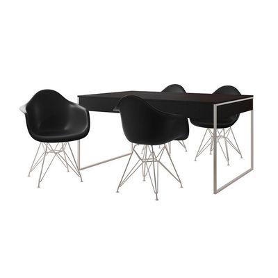 Mesa Jantar Industrial Preta 137X90Cm Com 4 Poltronas Pretas Base Ferro Bran Cor: Preto