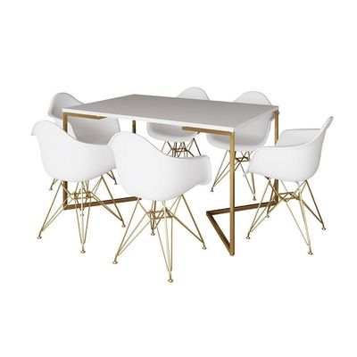 Mesa Jantar Industrial Branca 137X90Cm Base V Com 6 Poltronas Daw Brancas Base Dourada Cor: Branco