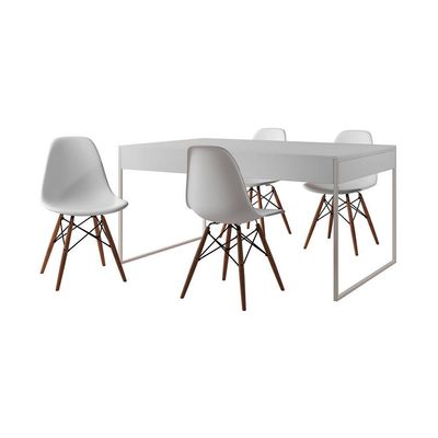 Mesa Jantar Industrial Retangular Branca 137X90Cm Base Ferro Branco C/4 Cadeiras Branca Cor: Branco