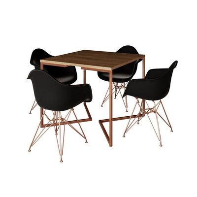 Mesa Jantar Industrial Amêndoa 90Cm Quadrada Base Cobre V C/4 Poltronas Pretas Pés Co Cor: Amendoa