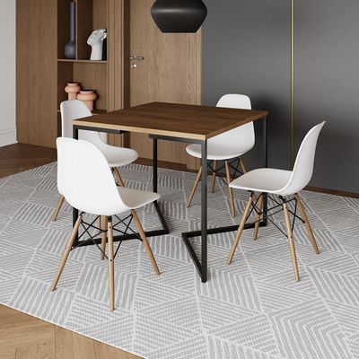 Mesa Jantar Industrial Amêndoa Quadrada 90X90 Base V Ferro Preto C/4 Cadeiras Brancas Cor: Amendoa