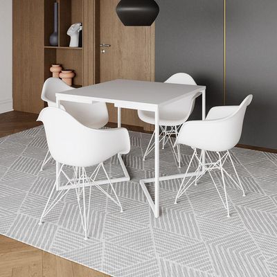 Mesa Jantar Industrial Quadrada Branca 90Cm Base V Com 4 Poltronas Brancas Ferro Branco Cor: Branco