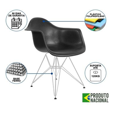 Mesa Jantar Industrial Preta 137X90Cm Com 4 Poltronas Pretas Base Ferro Bran Cor: Preto
