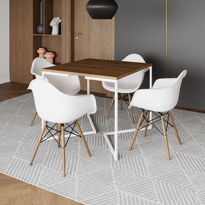 Mesa Jantar Industrial Quadrada 90Cm Amêndoa Base V Ferro Branco C/4 Poltronas Branca Cor: Amendoa