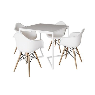 Mesa Jantar Industrial Quadrada 90Cm Branca Base V Ferro Branco Com 4 Poltronas Brancas Cor: Branco