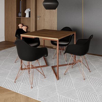 Mesa Jantar Industrial Amêndoa 90Cm Quadrada Base Cobre V C/4 Poltronas Pretas Pés Co Cor: Amendoa