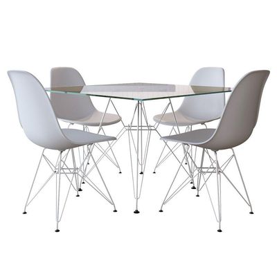 Mesa De Jantar Vidro Com 4 Cadeiras Brancas Quadrada 90Cm Base Ferro Branco Cor: Branco