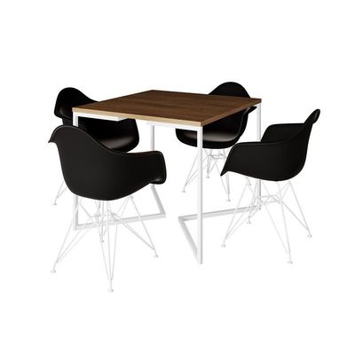 Mesa Jantar Industrial Quadrada Amêndoa 90Cm Base V C/4 Poltronas Pretas Ferro Branco Cor: Amendoa