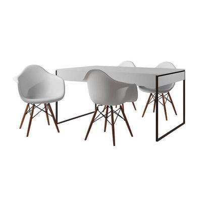 Mesa Jantar Industrial Branca 137X90Cm Base Ferro Preto Com 4 Poltronas Brancas Eif Cor: Branco