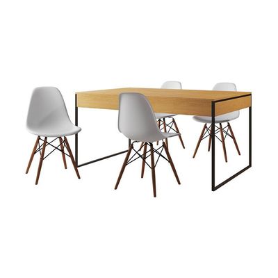 Mesa Jantar Industrial Retangular Canela 137X90Cm Base Ferro Preto C/4 Cadeiras Brancas Cor: Canela