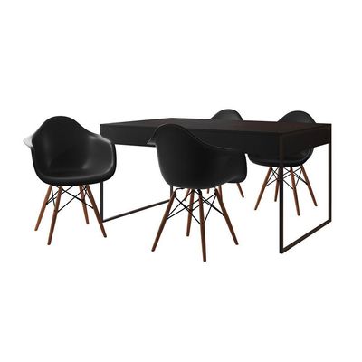 Mesa Jantar Industrial Preta 137X90Cm Base Ferro Preto Com 4 Poltronas Pretas Cor: Preto