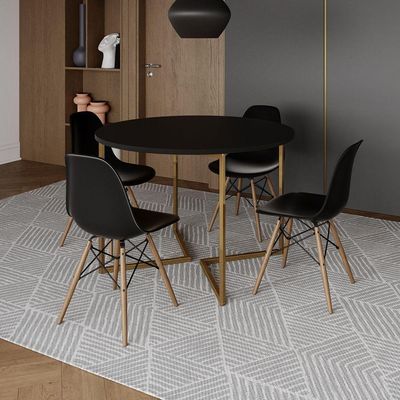 Mesa Jantar Industrial Redonda 110Cm Preta Base V Dourada Com 4 Cadeiras Madeira Pretas Cor: Preto