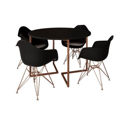 Mesa Industrial Jantar Preta 110Cm Redonda Base V Com 4 Poltronas Pretas Base Cobre Preto