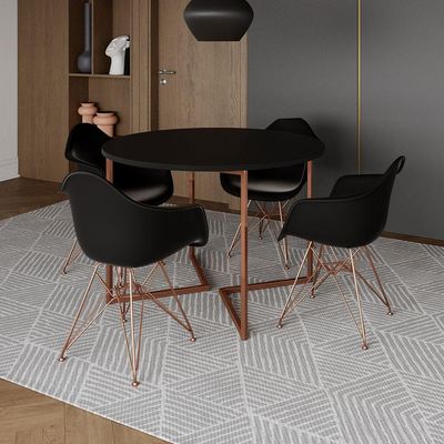 Mesa Industrial Jantar Preta 110Cm Redonda Base V Com 4 Poltronas Pretas Base Cobre Preto