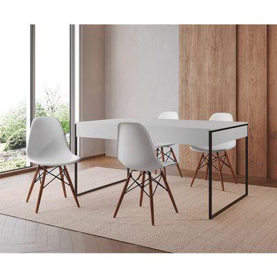 Mesa Jantar Industrial Retangular Branca 137X90Cm Base Ferro Preto C/4 Cadeiras Brancas Cor: Branco