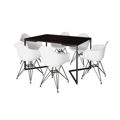 Mesa Industrial Jantar Retangular Preta 137X90Cm Base V Com 6 Poltronas Brancas Ferro P Preto