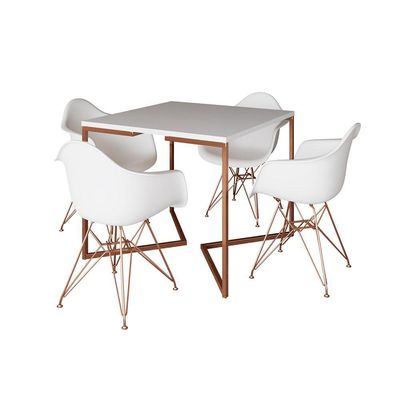 Mesa Jantar Industrial Branca 90Cm Quadrada Base Cobre V Com 4 Poltronas Brancas Pés Co Cor: Branco