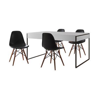 Mesa Jantar Industrial Retangular Branca 137X90Cm Base Ferro Preto C/4 Cadeiras Pretas Cor: Branco