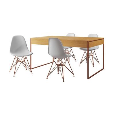 Mesa Jantar Industrial Retangular Canela 137X90Cm Com 4 Cadeiras Brancas Base Cobre Cor: Canela