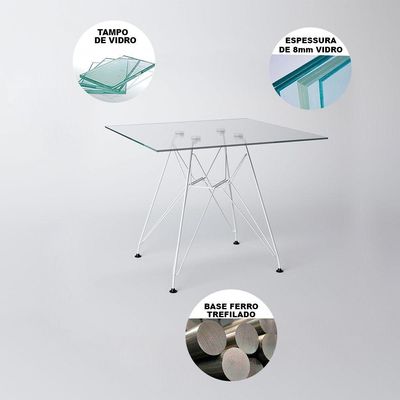 Mesa De Jantar Vidro Com 4 Cadeiras Brancas Quadrada 90Cm Base Ferro Branco Cor: Branco