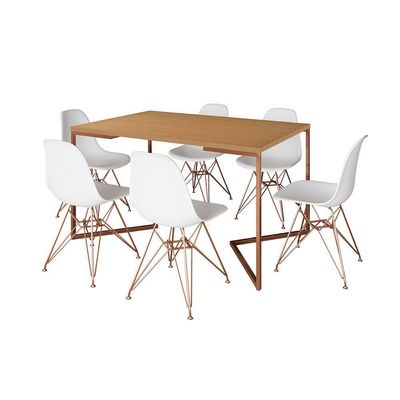 Mesa Jantar Industrial Retangular 137X90Cm Canela Base V Com 6 Cadeiras Brancas Base Co Cor: Canela