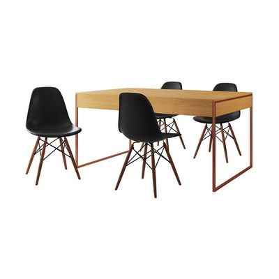 Mesa Jantar Industrial Retangular Canela 137X90Cm Base Cobre Com 4 Cadeiras Pretas Cor: Canela