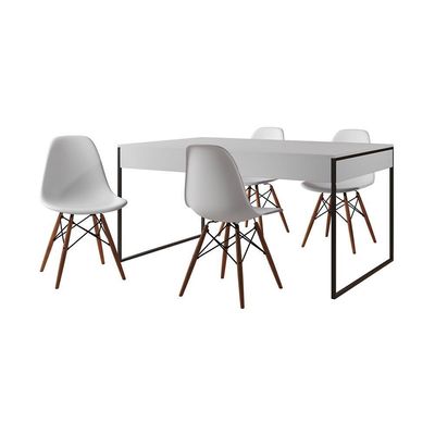 Mesa Jantar Industrial Retangular Branca 137X90Cm Base Ferro Preto C/4 Cadeiras Brancas Cor: Branco