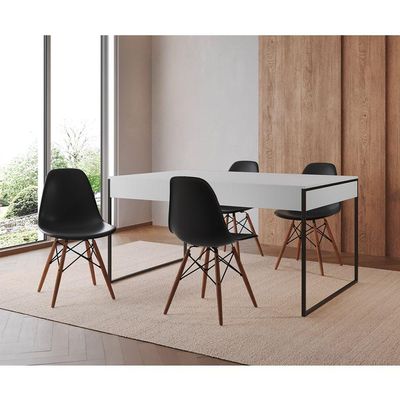 Mesa Jantar Industrial Retangular Branca 137X90Cm Base Ferro Preto C/4 Cadeiras Pretas Cor: Branco