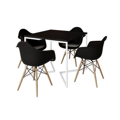 Mesa Jantar Industrial Quadrada 90Cm Preta Base V Ferro Branco Com 4 Poltronas Pretas M Cor: Preto