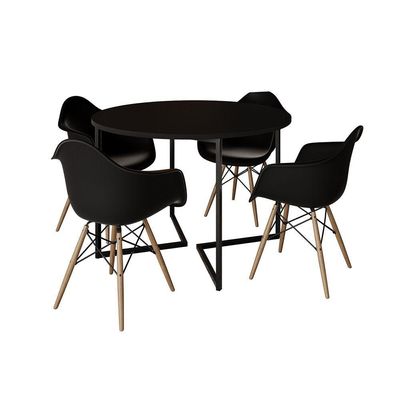 Mesa Jantar Industrial Preta 110Cm Redonda Base V Ferro Preto C/4 Poltronas Pretas Madeira Preto