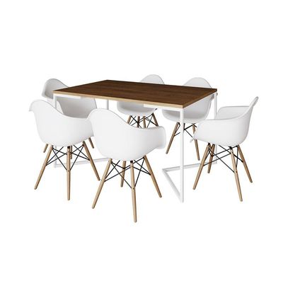 Mesa Jantar Industrial Retangular Amêndoa 137X90Cm Base V Ferro Branco C/6 Poltronas Branca Amendoa