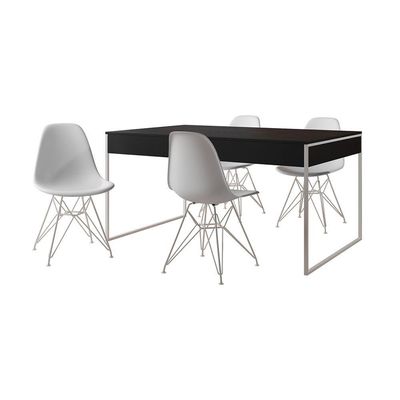 Mesa Jantar Industrial Retangular Preta 137X90Cm Com 4 Cadeiras Brancas Base Ferro Cor: Preto