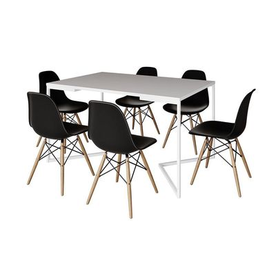 Mesa Jantar Industrial Retangular Branca 137X90Cm Base V Ferro Branco C/6 Cadeiras Preta Mad Branco