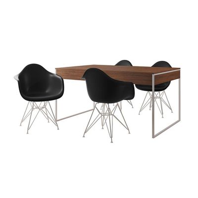 Mesa Jantar Industrial Amêndoa 137X90Cm Com 4 Poltronas Pretas Base Ferro Br Cor: Amendoa