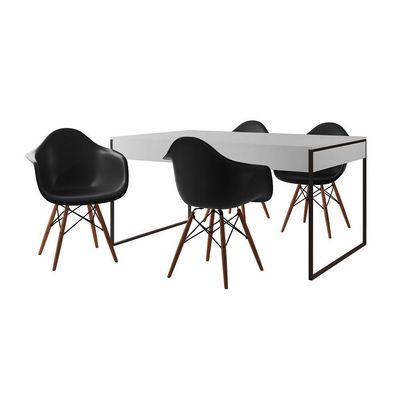 Mesa Jantar Industrial Branca 137X90Cm Base Ferro Preto Com 4 Poltronas Pretas Cor: Branco