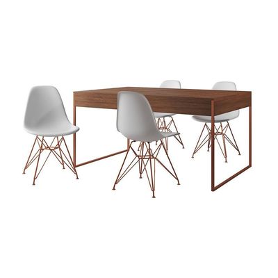 Mesa Jantar Industrial Retangular Amêndoa 137X90Cm Com 4 Cadeiras Brancas Base Cobr Cor: Amendoa