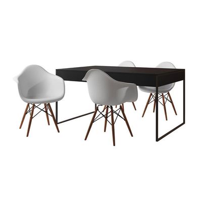 Mesa Jantar Industrial Preta 137X90Cm Base Ferro Preto Com 4 Poltronas Brancas Cor: Preto