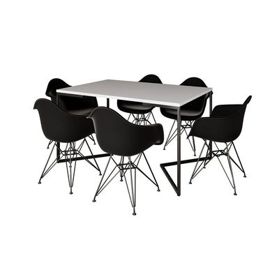 Mesa Jantar Industrial Retangular Branca 137X90Cm Base V Com 6 Poltronas Pretas Ferro P Cor: Branco