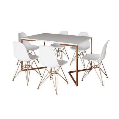 Mesa Jantar Industrial Retangular 137X90Cm Branca Base V Com 6 Cadeiras Brancas Base Co Cor: Branco