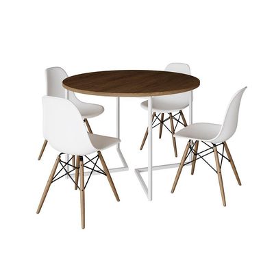 Mesa Jantar Industrial Redonda 110Cm Amêndoa Base V Ferro Branco C/4 Cadeiras Branca Base Ma Amendoa
