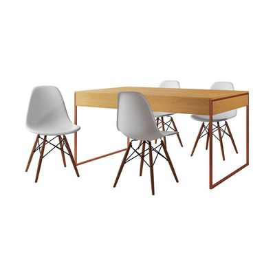 Mesa Jantar Industrial Retangular Canela 137X90Cm Base Cobre Com 4 Cadeiras Brancas Cor: Canela