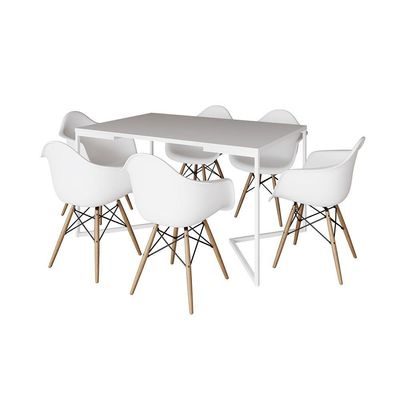 Mesa Jantar Industrial Retangular Branca 137X90Cm Base V Ferro Branco C/6 Poltronas Branca Branco