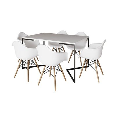 Mesa Jantar Industrial Branca Retangular 137X90Cm Base V Ferro Preto Com 6 Poltronas Br Cor: Branco