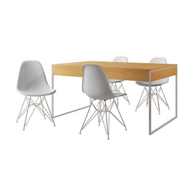 Mesa Jantar Industrial Retangular Canela 137X90Cm Com 4 Cadeiras Brancas Base Ferro Cor: Canela