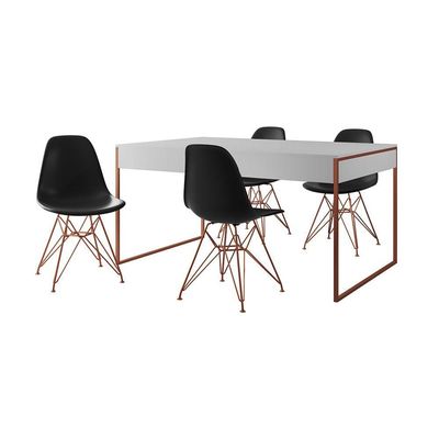 Mesa Jantar Industrial Retangular Branca 137X90Cm Com 4 Cadeiras Pretas Base Cobre Cor: Branco