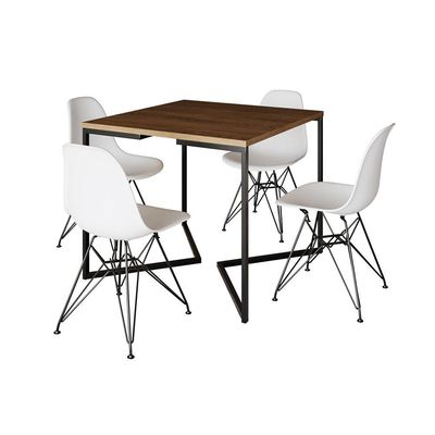 Mesa Jantar Industrial Quadrada 90Cm Amêndoa Base V Com 4 Cadeiras Brancas Ferro Preto Cor: Amendoa