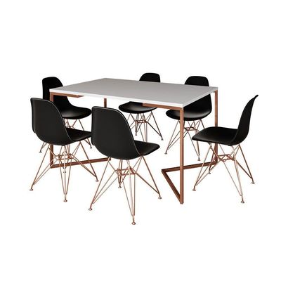 Mesa Jantar Industrial Retangular 137X90Cm Branca Base V Com 6 Cadeiras Pretas Base Cob Cor: Branco
