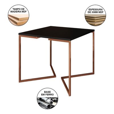 Mesa Jantar Industrial Quadrada 90Cm Preta Base Cobre V Com 4 Cadeiras Pretas Pés Cobre Cor: Preto